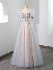 Bridesmaid Dress With Sleeves, Cute Tulle Beaded Long Prom Dress, A-Line Short Sleeve Evening Dress
