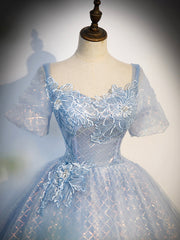 Formal Dress For Wedding Reception, Blue Tulle Lace Long Prom Dress, Shiny A-Line Short Sleeve Evening Dress