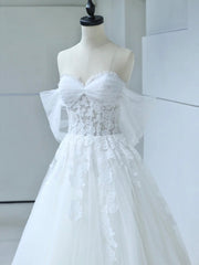 Formal Dress Shop, White Tulle Lace Long Prom Dress with Corset, Off the Shoulder Sweetheart Evening Dress