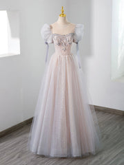 Bridesmaid Dresses Long Sleeves, Cute Tulle Beaded Long Prom Dress, A-Line Short Sleeve Evening Dress