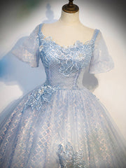 Formal Dresses For Wedding Guest, Blue Tulle Lace Long Prom Dress, Shiny A-Line Short Sleeve Evening Dress