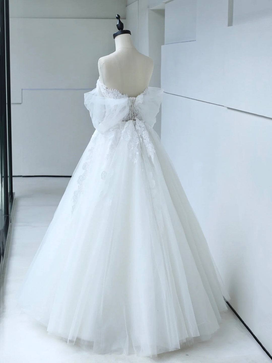 Formal Dress Shops, White Tulle Lace Long Prom Dress with Corset, Off the Shoulder Sweetheart Evening Dress