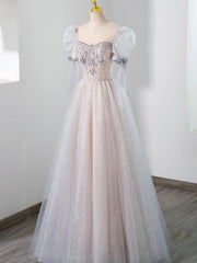 Bridesmaids Dresses Long Sleeves, Cute Tulle Beaded Long Prom Dress, A-Line Short Sleeve Evening Dress