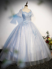 Formal Dresses For Weddings Guest, Blue Tulle Lace Long Prom Dress, Shiny A-Line Short Sleeve Evening Dress