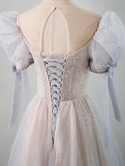 Bridesmaid Dresses Long Sleeve, Cute Tulle Beaded Long Prom Dress, A-Line Short Sleeve Evening Dress