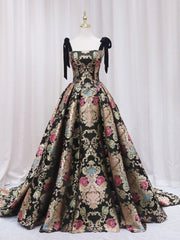 Prom Dresses Tight, Black Floral Floor Length Prom Dress, A-Line Black Evening Dress