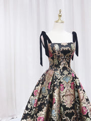 Prom Dress Tight, Black Floral Floor Length Prom Dress, A-Line Black Evening Dress