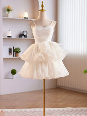 Formal Dresses With Sleeves, White Tulle Sweetheart Short Prom Dress, White Tulle Straps Party Dress
