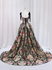 Prom Dresses Gown, Black Floral Floor Length Prom Dress, A-Line Black Evening Dress