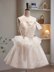 Mermaid Dress, Champagne Spaghetti Strap Tulle Short Prom Dress, Cute A-Line Homecoming Dress