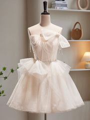 Wedding Color Palette, Champagne Spaghetti Strap Tulle Short Prom Dress, Cute A-Line Homecoming Dress