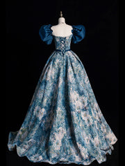 Evening Dresses Modest, Blue Printed Long Ball Gown, Elegant A-Line Short Sleeve Evening Dress