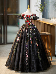 Homecoming Dresses Chiffon, Black Tulle Long Prom Dress with Lace Flowers, Beautiful Off Shoulder Evening Gown