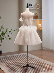 Bridal Dress, Champagne Spaghetti Strap Tulle Short Prom Dress, Cute A-Line Homecoming Dress