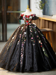 Homecoming Dresses, Black Tulle Long Prom Dress with Lace Flowers, Beautiful Off Shoulder Evening Gown