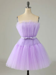 Evening Dresses Floral, Purple Strapless Tulle Knee Length Party Dress, A-Line Homecoming Dress