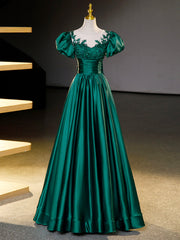 Evening Dress, Green Satin Lace Floor Length Formal Dress, Short Sleeve A-Line Evening Dress