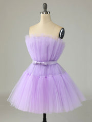 Evenning Dress For Wedding Guest, Purple Strapless Tulle Knee Length Party Dress, A-Line Homecoming Dress