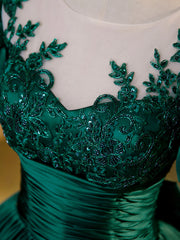 Sweet 30 Dress, Green Satin Lace Floor Length Formal Dress, Short Sleeve A-Line Evening Dress