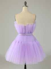 Evening Dresses For Weddings Guest, Purple Strapless Tulle Knee Length Party Dress, A-Line Homecoming Dress