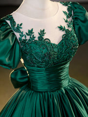 Corset Dress, Green Satin Lace Floor Length Formal Dress, Short Sleeve A-Line Evening Dress