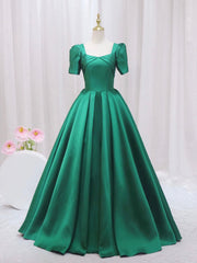 Bridesmaid Dresses Elegant, Green Satin Floor Length Prom Dress, Green Short Sleeve Evening Dress