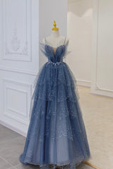 Formal Dresses Off The Shoulder, Blue Tulle Layers Straps Beaded Long Prom Dresses, A-Line Evening Dresses