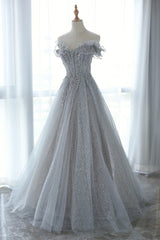 Bridesmaid Dress Wedding, Gray Tulle Sequins Long Prom Dress, Off the Shoulder Evening Dress