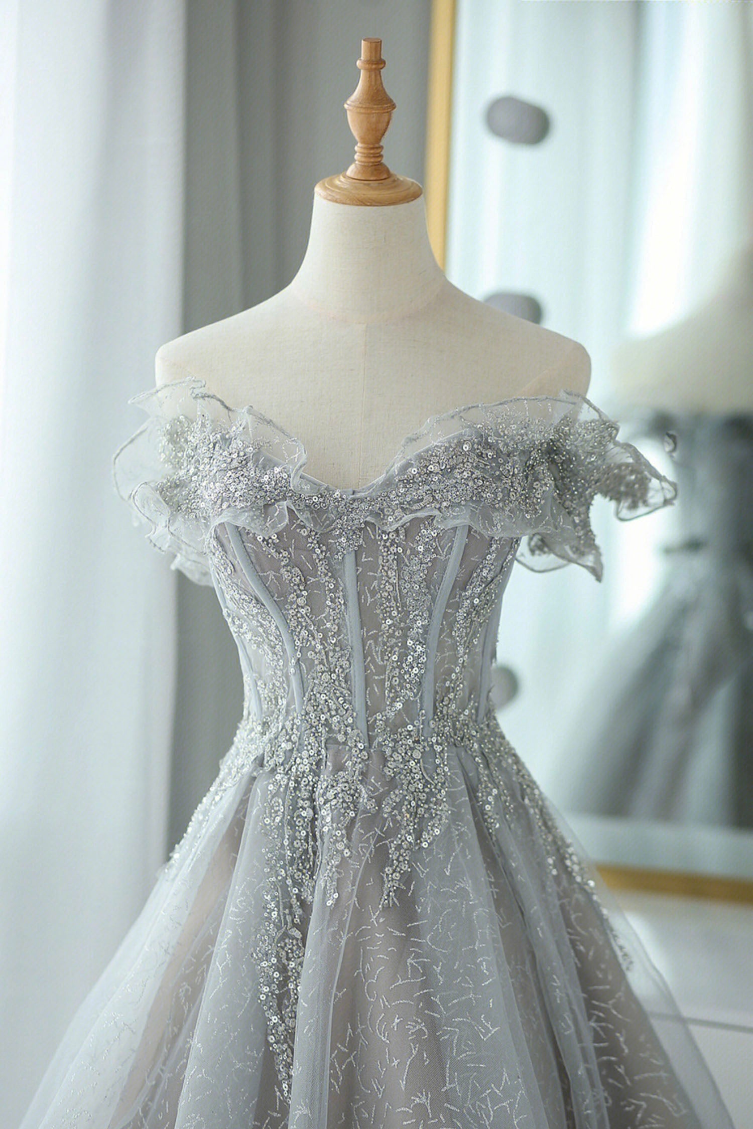 Bridesmaid Dresses Weddings, Gray Tulle Sequins Long Prom Dress, Off the Shoulder Evening Dress