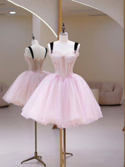 Homecoming Dresses Classy Elegant, Pink Tulle Sequins Sweetheart Short Prom Dress, Pink Straps Party Dress