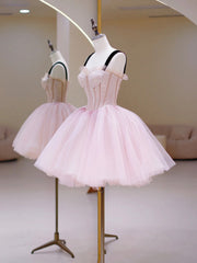 Homecoming Dress Classy Elegant, Pink Tulle Sequins Sweetheart Short Prom Dress, Pink Straps Party Dress