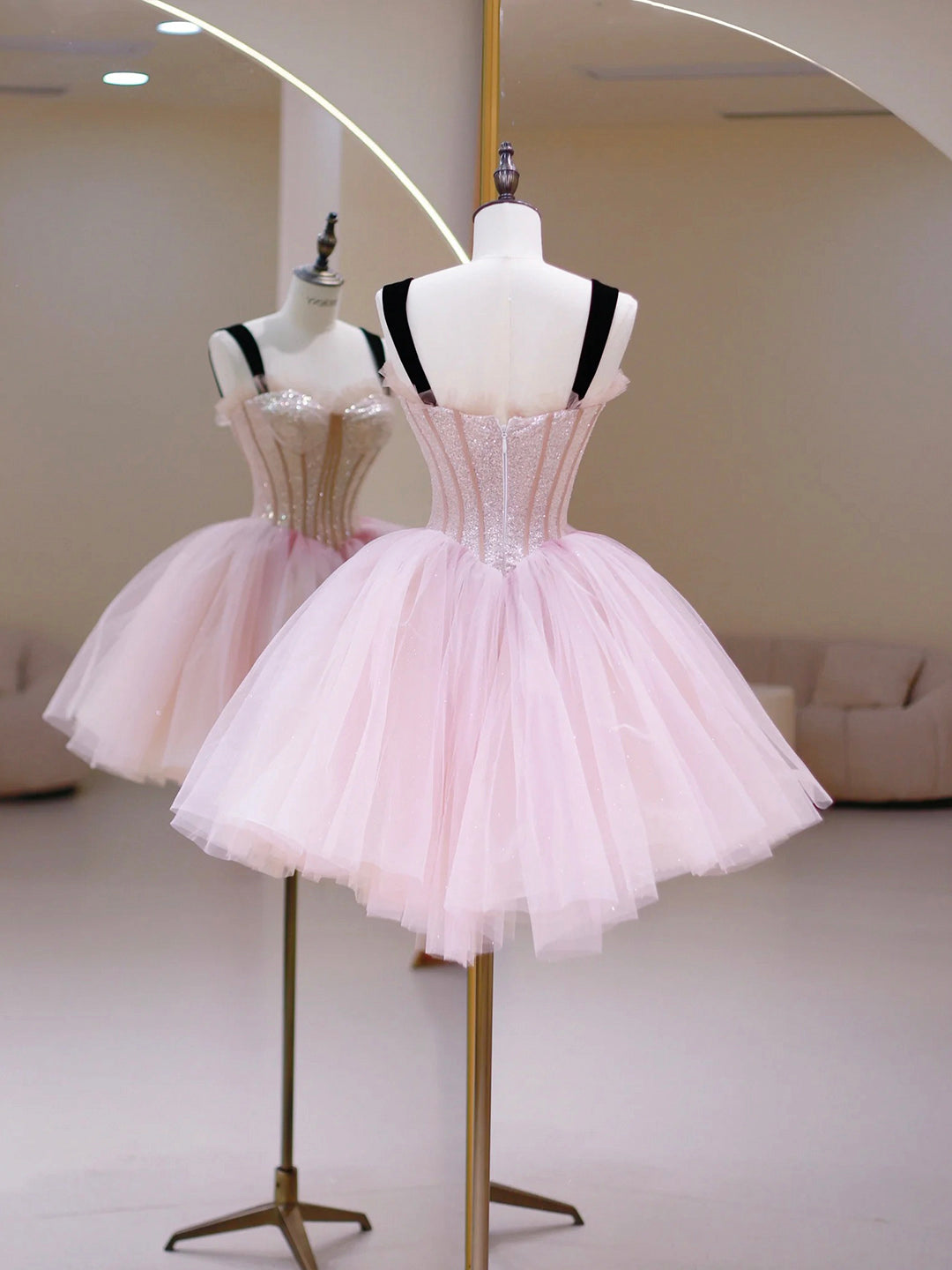 Homecoming Dresses Aesthetic, Pink Tulle Sequins Sweetheart Short Prom Dress, Pink Straps Party Dress