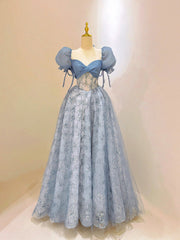 Formal Dress To Attend Wedding, Blue Tulle Lace Long Prom Dress, Beautiful Short Sleeve Evening Dress