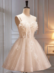 White Wedding, Champagne Spaghetti Strap Party Dress, Cute A-Line Evening Dress Homecoming Dress