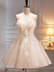Non Traditional Wedding Dress, Champagne Spaghetti Strap Party Dress, Cute A-Line Evening Dress Homecoming Dress