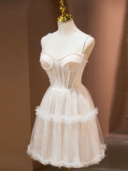 Short Prom Dress, Champagne Spaghetti Strap Party Dress, Cute A-Line Evening Dress with Pearls