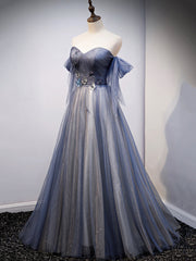 Wedding Dress Guest, Blue Sweetheart Tulle with Lace Party Dress, Blue Long Formal Dress