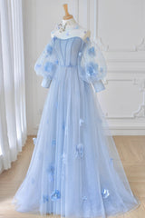 Formal Dresses Near Me, Blue Tulle Long Sleeve Prom Dresses, Cute A-Line Evening Dresses with Applique