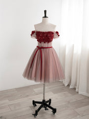 Bridesmaid Dress Red, Cute Tulle Lace Short Prom Dress, Off the Shoulder Evening Dress