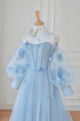 Formal Dress Shop Near Me, Blue Tulle Long Sleeve Prom Dresses, Cute A-Line Evening Dresses with Applique