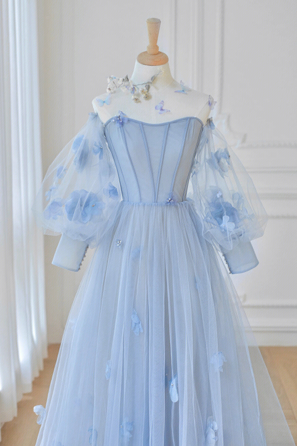 Formal Dress Shops Near Me, Blue Tulle Long Sleeve Prom Dresses, Cute A-Line Evening Dresses with Applique