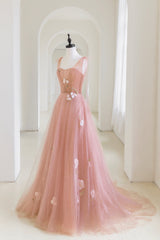 Prom Dresses Short, Pink Tulle Applique Long Evening Dress, A-Line Junior Prom Dress