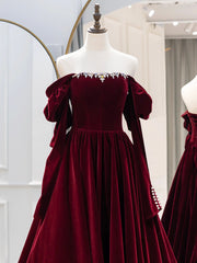 Party Dresses Online Shopping, Burgundy Velvet Long Formal Dress, Elegant Long Sleeve A-Line Prom Dress