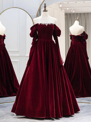 Party Dresses And Tops, Burgundy Velvet Long Formal Dress, Elegant Long Sleeve A-Line Prom Dress