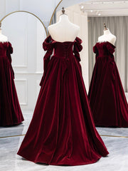 Party Dresses Online Shop, Burgundy Velvet Long Formal Dress, Elegant Long Sleeve A-Line Prom Dress