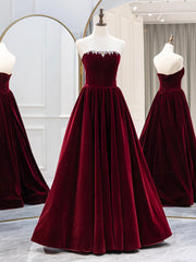 Party Dress Online Shopping, Burgundy Velvet Long Formal Dress, Elegant Long Sleeve A-Line Prom Dress