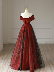 Prom Dress 2038, Burgundy Satin Long V-Neck Prom Dress, Off the Shoulder Party Dress