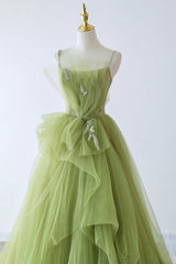 Gold Prom Dress, Green Spaghetti Strap Tulle Long Formal Evening Dress, Green A-Line Prom Dress