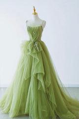 Maxi Dress, Green Spaghetti Strap Tulle Long Formal Evening Dress, Green A-Line Prom Dress