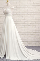 Wedding Dresses Rustic, Long A-line Appliques Lace Chiffon Wedding Dress with Slit